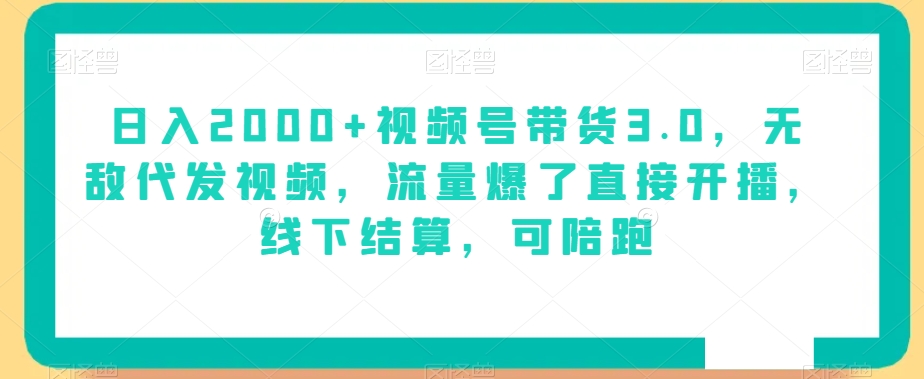 日入2000+视频号带货3.0，无敌代发视频，流量爆了直接开播，线下结算，可陪跑-快赚