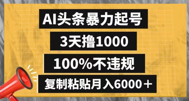 AI头条暴力起号，3天撸1000,100%不违规，复制粘贴月入6000＋【揭秘】-快赚