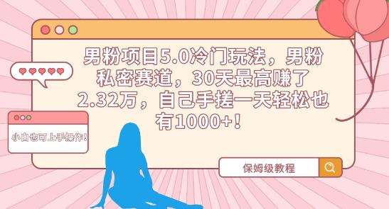 男粉项目5.0冷门玩法，男粉私密赛道，30天最高赚了2.32万，自己手搓一天轻松也有1000+【揭秘】-快赚