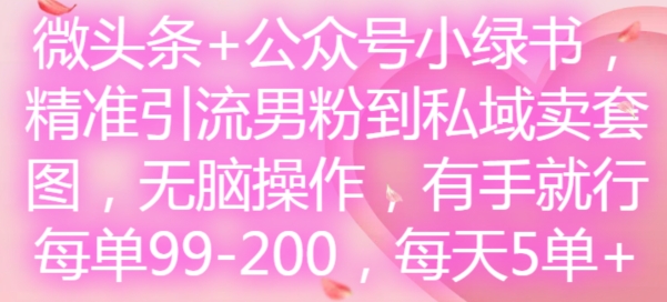 微头条+公众号小绿书，精准引流男粉到私域卖套图，无脑操作，有手就行，每单99-200，每天5单-快赚