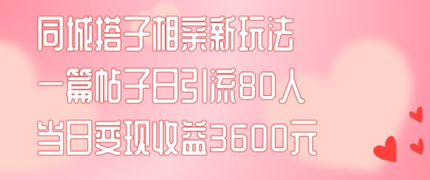 同城搭子相亲新玩法一篇帖子引流80人当日变现3600元(项目教程+实操教程)【揭秘】-快赚