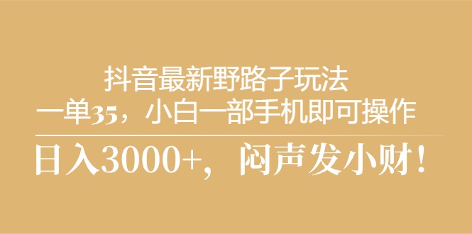 抖音最新野路子玩法，一单35，小白一部手机即可操作，，日入3000+，闷…-快赚