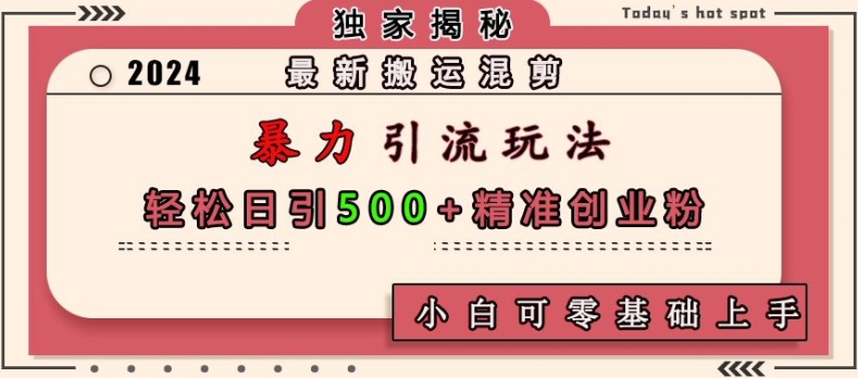 最新搬运混剪暴力引流玩法，轻松日引500+精准创业粉，小白可零基础上手-快赚