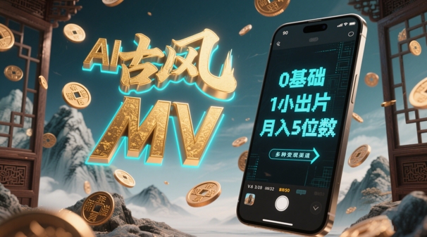 AI一键生成古风音乐MV，0剪辑基础1小时出片，多种变现渠道，一部手机月入5位数-快赚