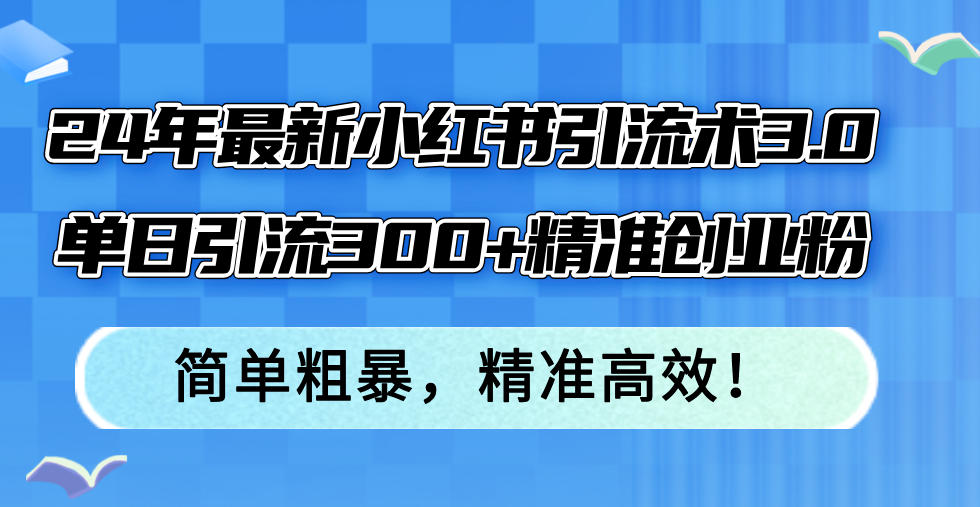 24年最新小红书引流术3.0，单日引流300+精准创业粉，简单粗暴，精准高效！-快赚
