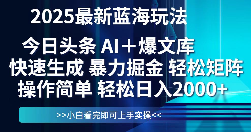 今日头条2025最新蓝海玩法，思路简单，复制粘贴，轻松实现矩阵日入2000+-快赚