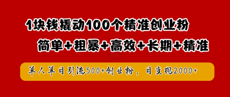 1块钱撬动100个精准创业粉，简单粗暴高效长期精准，单人单日引流500+创业粉，日变现2k【揭秘】-快赚