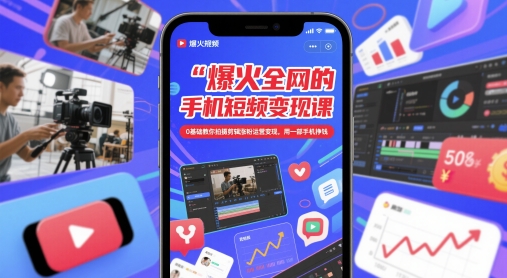 爆火全网的手机短视频变现课，0基础教你拍摄剪辑涨粉运营变现，用一部手机挣钱-快赚