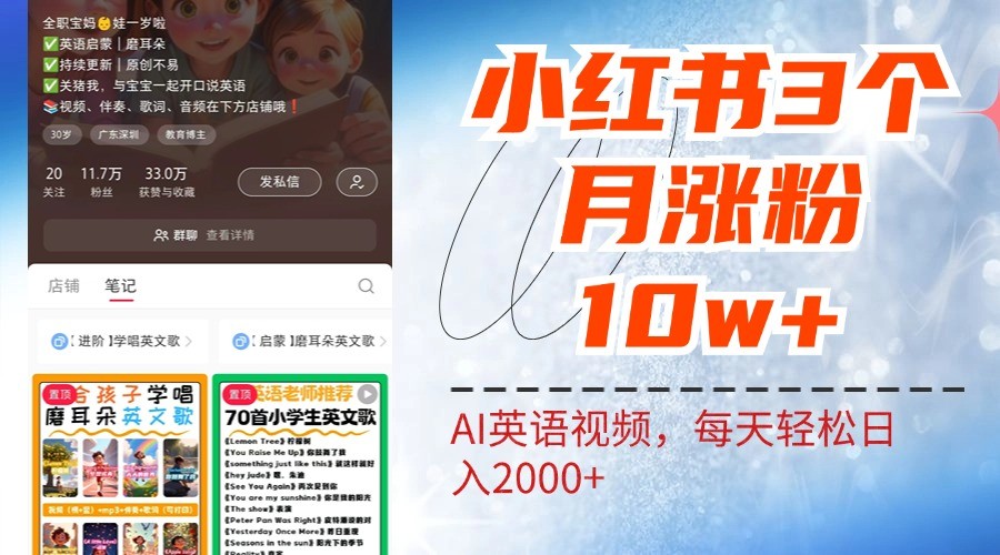 小红书三个月涨粉10W，AI英语视频0成本制作，每天轻松日入2000+-快赚