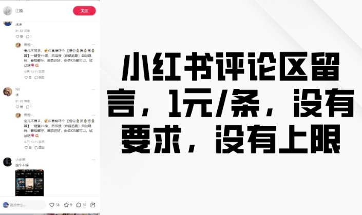 小红书评论区留言，1元条，没有要求，没有上限-快赚