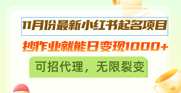 11月份最新小红书起名项目，抄作业就能日变现1000+，可招代理，无限裂变-快赚