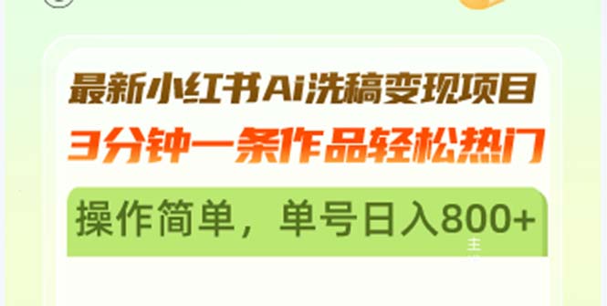 最新小红书Ai洗稿变现项目 3分钟一条作品轻松热门 操作简单，单号日入800+-快赚