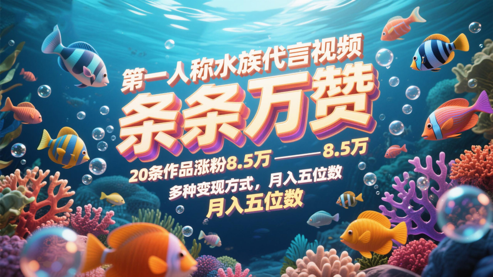 第一人称水族代言视频，条条万赞，20条作品涨粉8.5万，多种变现方式月，入五位数-快赚